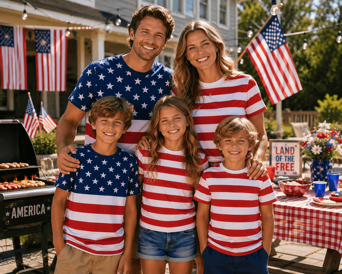 Family wearing StandWoven shirts at a Fourth of July backyard celebration