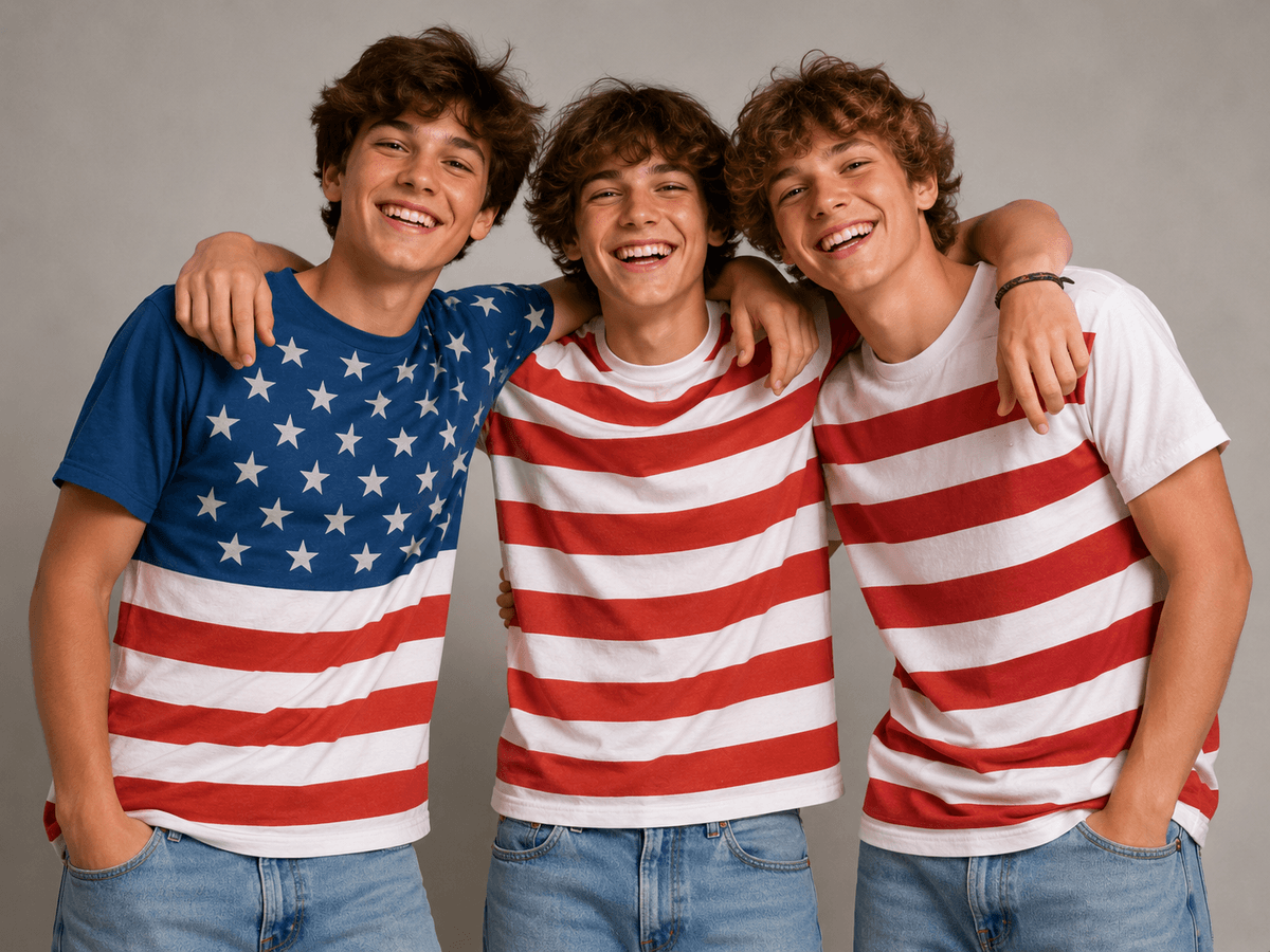 Three men standing shoulder to shoulder wearing StandWoven flag stripe shirts